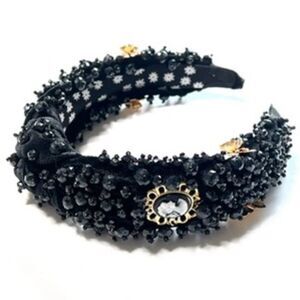 Statement Velvet Black Beaded Headband w/ Gold Cameo & Gem Embellisment